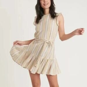 Marine Layer Laney Tiered Mini Dress Beachy Yellow Stripe Linen Size Medium